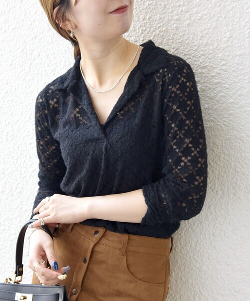 SHIPS any tシャツ any:「手洗い可能」起毛 レース 開襟 スキッパー