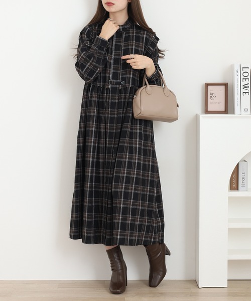 シャツワンピース A.N.L タータンチェック柄前開きワンピース