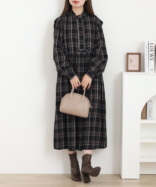 シャツワンピース A.N.L タータンチェック柄前開きワンピース