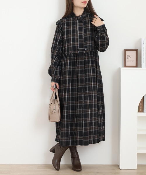 シャツワンピース A.N.L タータンチェック柄前開きワンピース