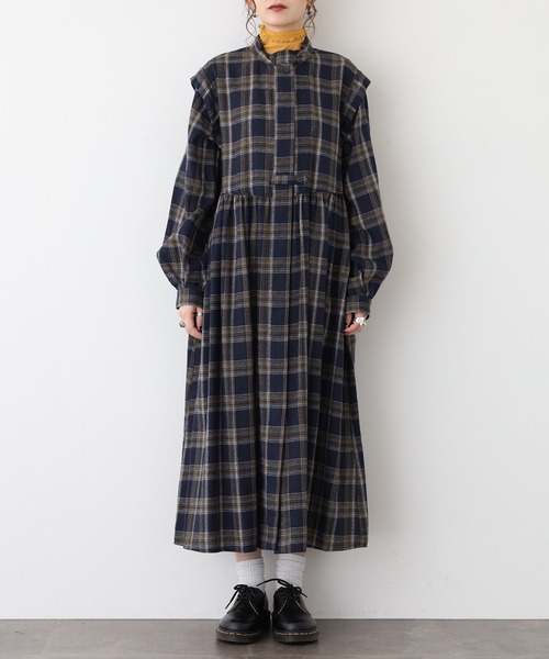 シャツワンピース A.N.L タータンチェック柄前開きワンピース