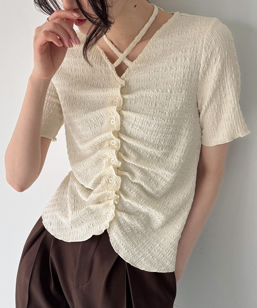 JUNOAH（ジュノア） カーディガン 半袖 フロントシャーリング首元