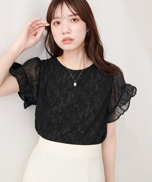 SOIL レース 半袖 プルオーバー ブラック natural couture ブラウス シャツ 半袖 袖シアーレースジャガードプル