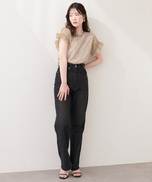 natural couture ブラウス シャツ 半袖 袖シアーレースジャガードプル