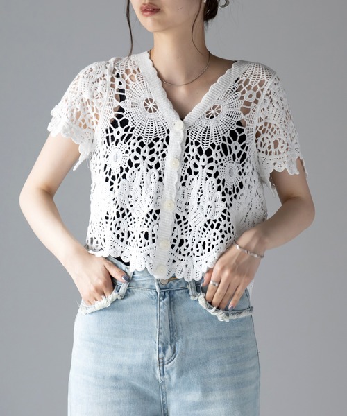 今季エムズお花半袖カーディガン me+em select（ミームセレクト） カーディガン 半袖 花柄レース