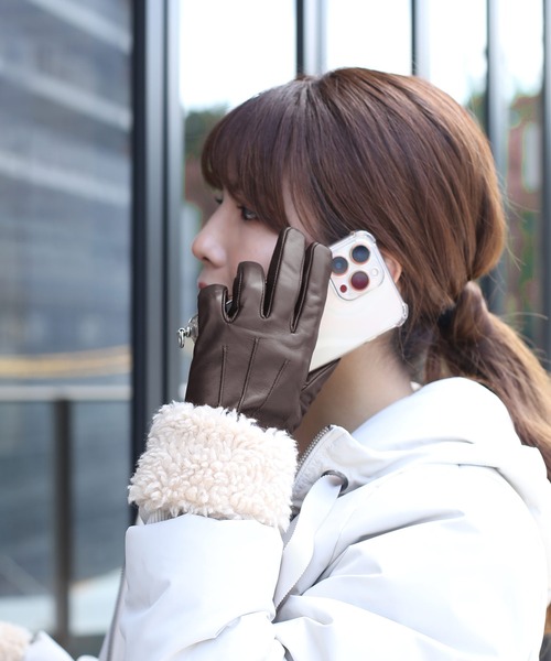 【やびし】ＭＡIＳＯＮ　ＦＡＢＲＥ　革手袋　ファー　未使用　タグつき sankyo shokai（三京商会） 手袋 ラムレザーボアエコファー手袋 スマホ