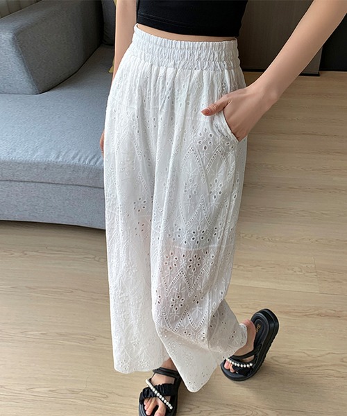 ワイドパンツ パンツ 刺繍レースセミワイドパンツ レディース