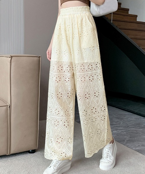 ワイドパンツ パンツ 刺繍レースセミワイドパンツ レディース
