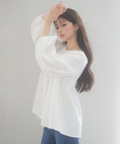 ブラウス シャツ パール付きキーネックふんわりブラウス レディース SAISON DE PAPILLON ブラウス シャツ パール付きキーネック