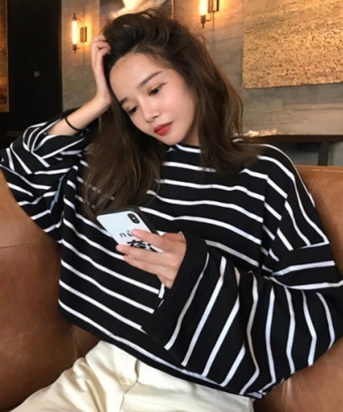 roomy tシャツ ワイドスリーブボーダーロンT（ショート丈