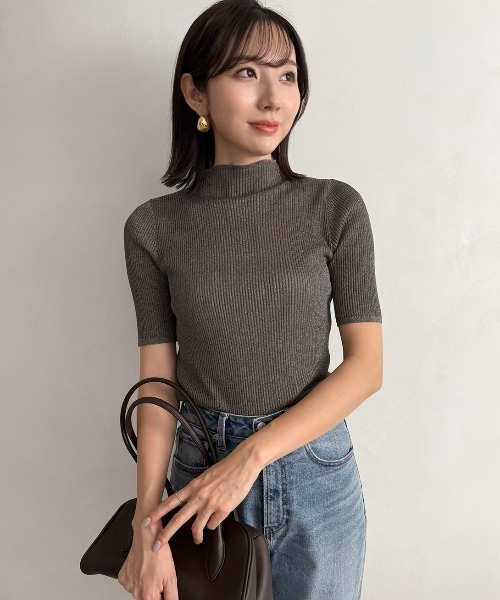 anuans tシャツ シアーラメリブニットトップス レディース