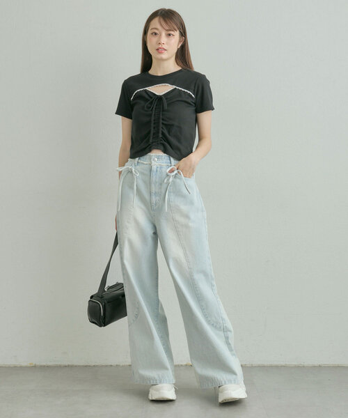 OLIVE des ジーンズ デニム デニムパンツ 切り替えリボンデニム