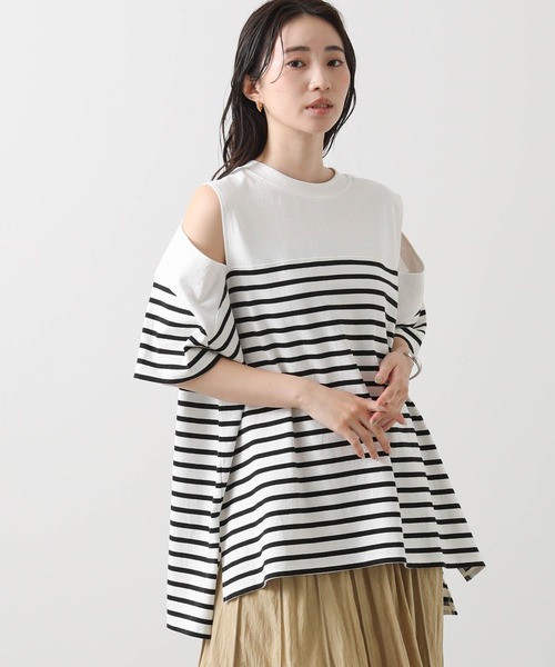 tシャツ パネルボーダースリットカットソー レディース