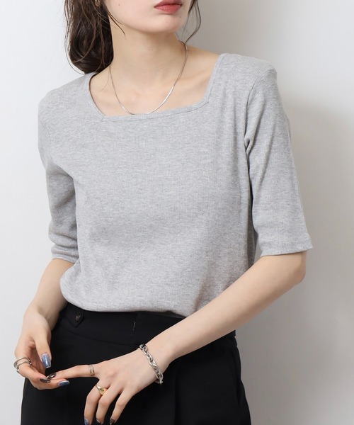 fumika uchida コットンアイレットリブ スクエアネックTシャツ atONE（アットワン） tシャツ スクエアネック5分袖コットンリブTシャツ