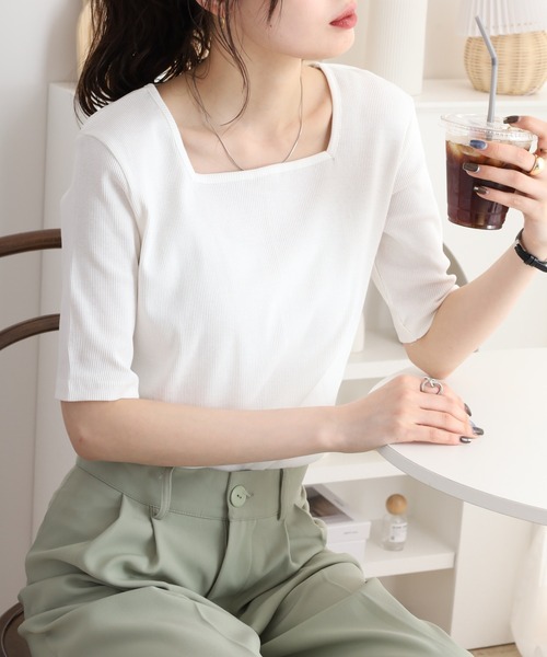 atONE（アットワン） tシャツ スクエアネック5分袖コットンリブTシャツ