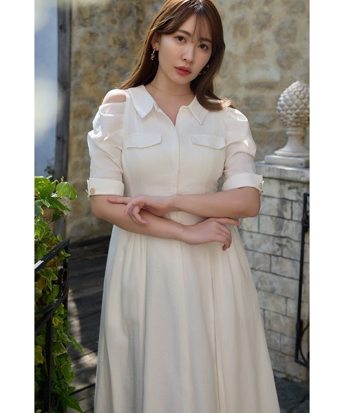Her lip to ワンピース Open Shoulder Tuck Shirt Dress
