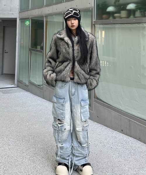 KsG コート アウター グレーファーショートジャケット レディース