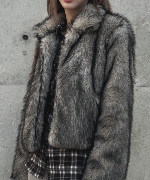 KsG コート アウター グレーファーショートジャケット レディース