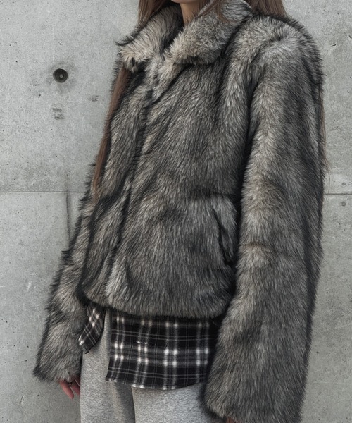 KsG コート アウター グレーファーショートジャケット レディース