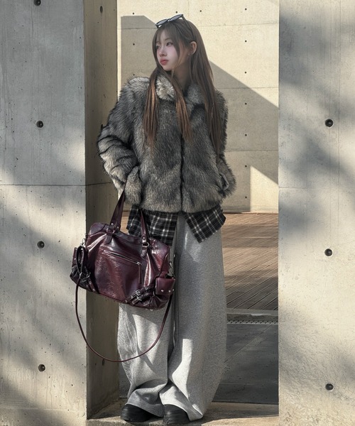 KsG コート アウター グレーファーショートジャケット レディース