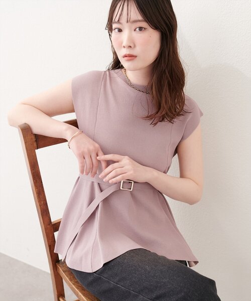 natural couture ニット セーター ベルト付きペプラムノースリニット
