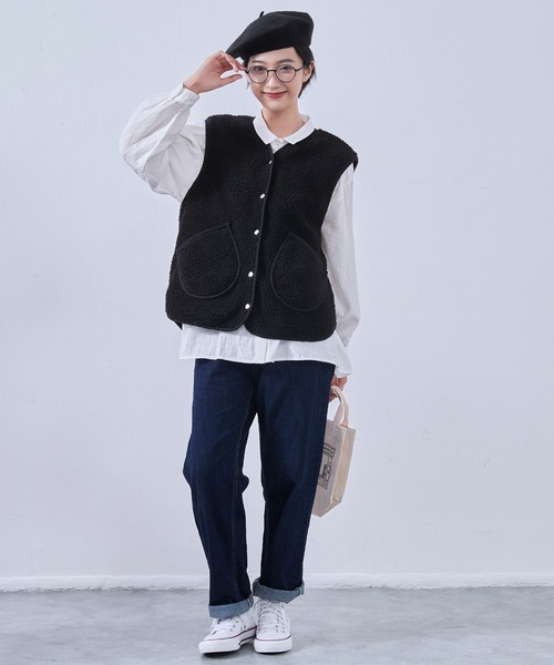 ベスト ジレ On One's Own 縁取りパッチポケットコージーボアベスト レディース On One's Own ベスト ジレ 縁取りパッチポケットコージー