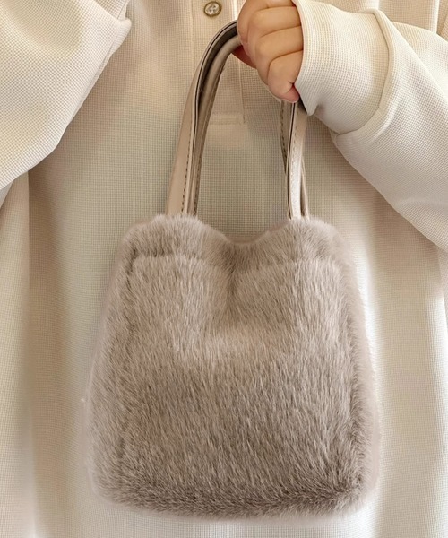 ユニークなレザーとファーのハンドバッグ 2WAYスクエアフェイクレザーハンドバッグ | レディースファッション