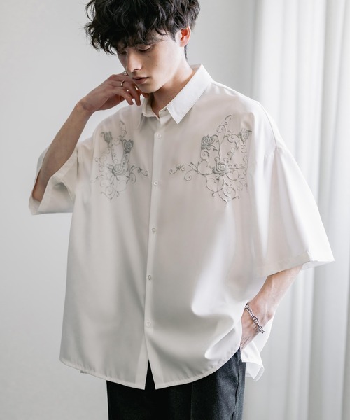 メンズ 半袖シャツ ローズ 羽織り オーバーサイズ P00262 MinoriTY】落ち感ドルマンスリーブ半袖シャツ メンズ 無地シャツ