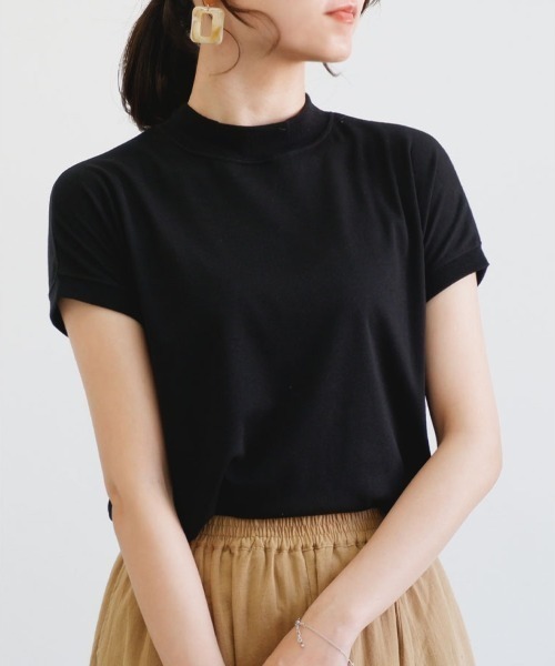 CLOTHY tシャツ 半袖 「手触りなめらかなスムース素材♪」モックネック