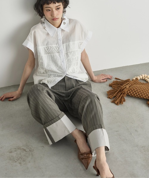 THE Yon スラックス パンツ ロールアップピンストライプタック