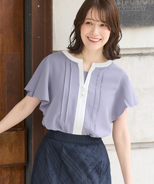 ブラウス シャツ 「洗える」ピンタック配色ブラウス レディース Honeys ブラウス シャツ 配色ピンタックブラウス レディース