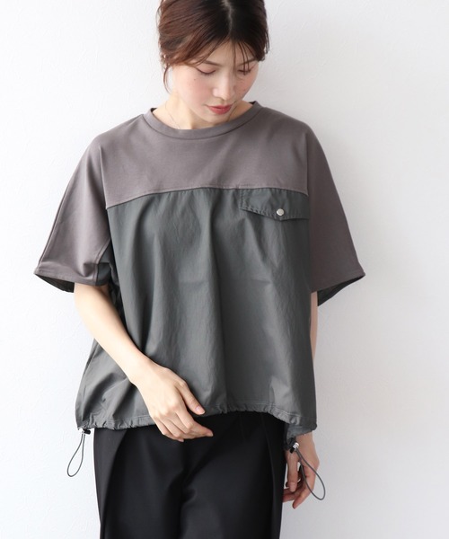 tシャツ 異素材切替え裾ドロストTシャツ レディース