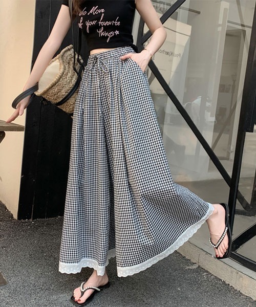 URGE： パンツ 「URGE：」チェック柄 裾レース ロング丈