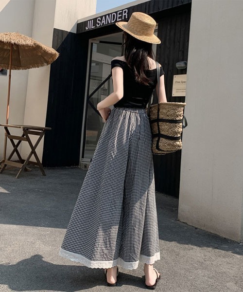 URGE： パンツ 「URGE：」チェック柄 裾レース ロング丈