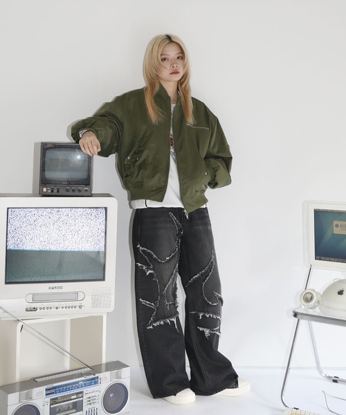 ma1 ma-1 ショート丈ダブルジップタフタ/ 合皮 MA-1 メンズ レディース