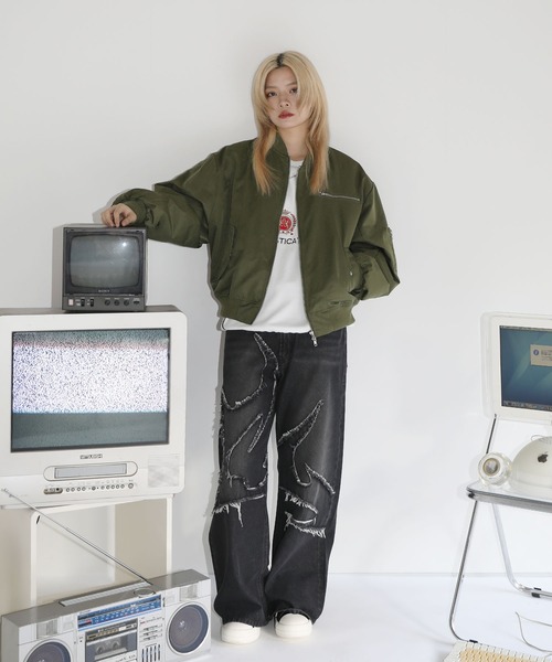 ma1 ma-1 ショート丈ダブルジップタフタ/ 合皮 MA-1 メンズ レディース