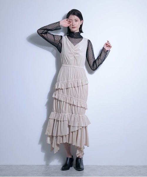 FLANEEK. ワンピース メッシュベロアワンピース＋チュールトップス SET