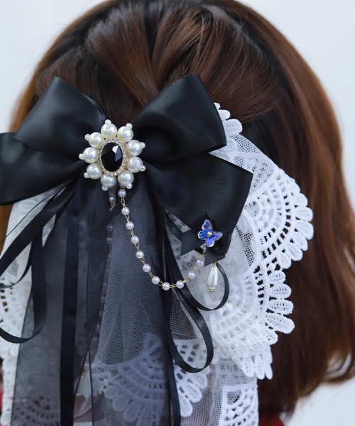 アッカ　クリップ　バレッタ　リボン　レース　ブラック　新品未使用 axes femme POETIQUE ヘアクリップ レースフリル×リボンバレッタ
