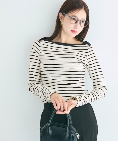 アイボリー リブ長袖トップス ボートネック coca（コカ） tシャツ リブボートネックカットソー レディース