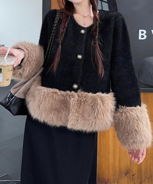 FAVORITO コート アウター 袖と裾フェイクファー付きショート