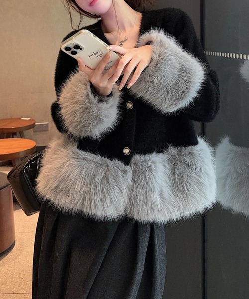 FAVORITO コート アウター 袖と裾フェイクファー付きショート