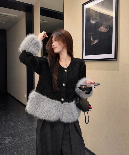 FAVORITO コート アウター 袖と裾フェイクファー付きショート