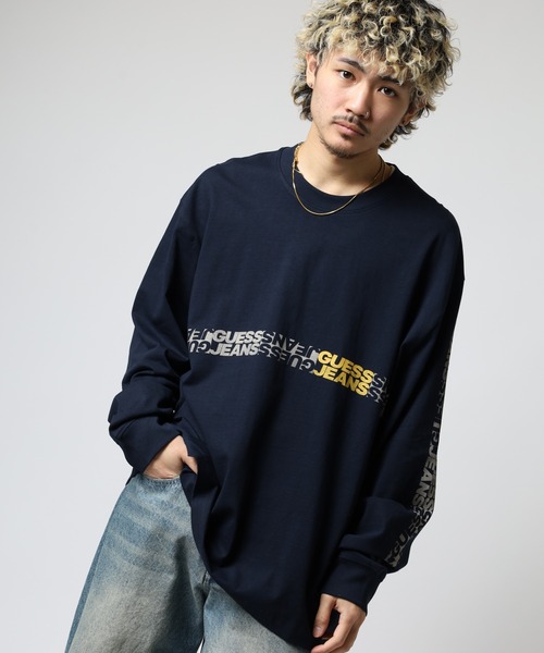 トレーナー スウェット GUESS JEANS 袖プリントスウェットロンT メンズ