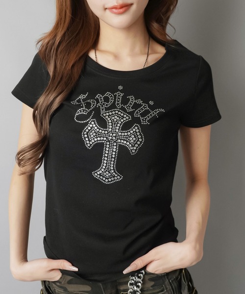 SPINNS（スピンズ） tシャツ 半袖Tシャツ/ラインストーンクロス/平成 