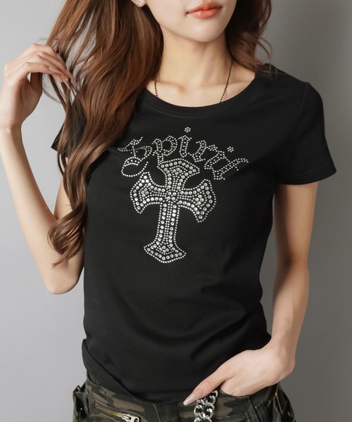 SPINNS（スピンズ） tシャツ 半袖 半袖Tシャツ/ラインストーンクロス