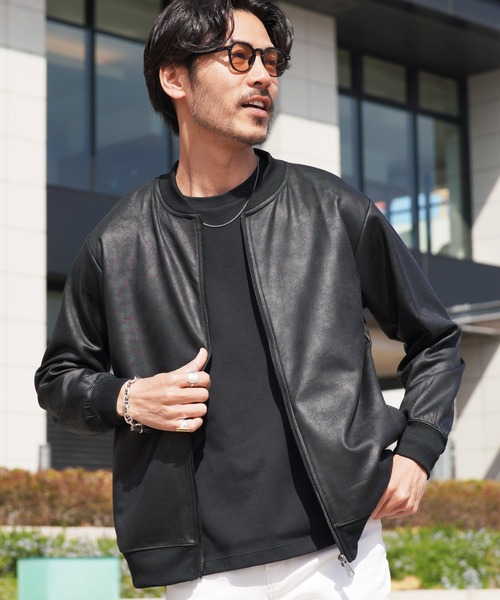 ヴィリジアン　レザージャージブルゾン1 JIGGYS SHOP（ジギーズショップ） ジャージ ストレッチ フェイクレザー