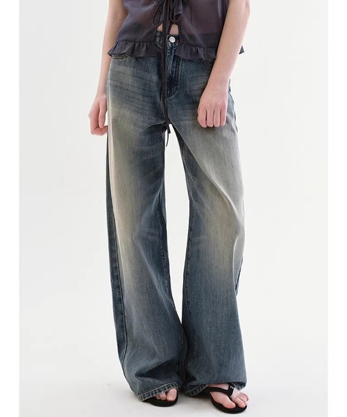 ワイドパンツ ジーンズ デニム デニムパンツ レディース メンズの画像