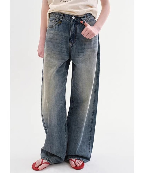 ワイドパンツ ジーンズ デニム デニムパンツ レディース メンズの画像