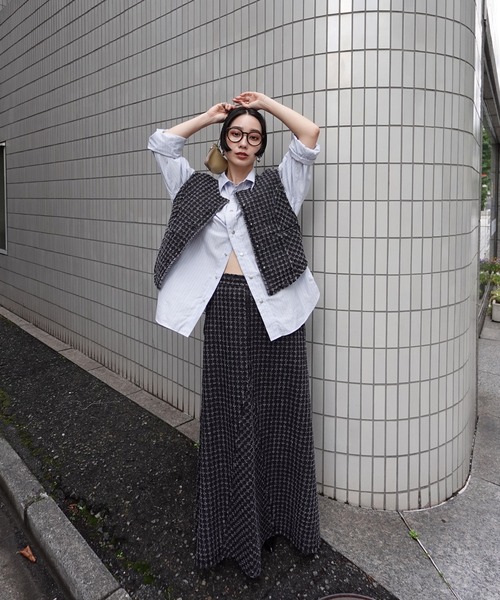 新品未使用 AMERI プリーツロングスカート/S/デニム柄/黒白グラデ Ameri（アメリ） デニムスカート CHECK PROCESSING DENIM SKIRT