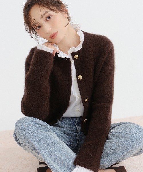 RALPHLAUREN ノーカラーニットジャケット ネイビーブラウン anuans（アニュアンス） ジャケット ノーカラージャケット